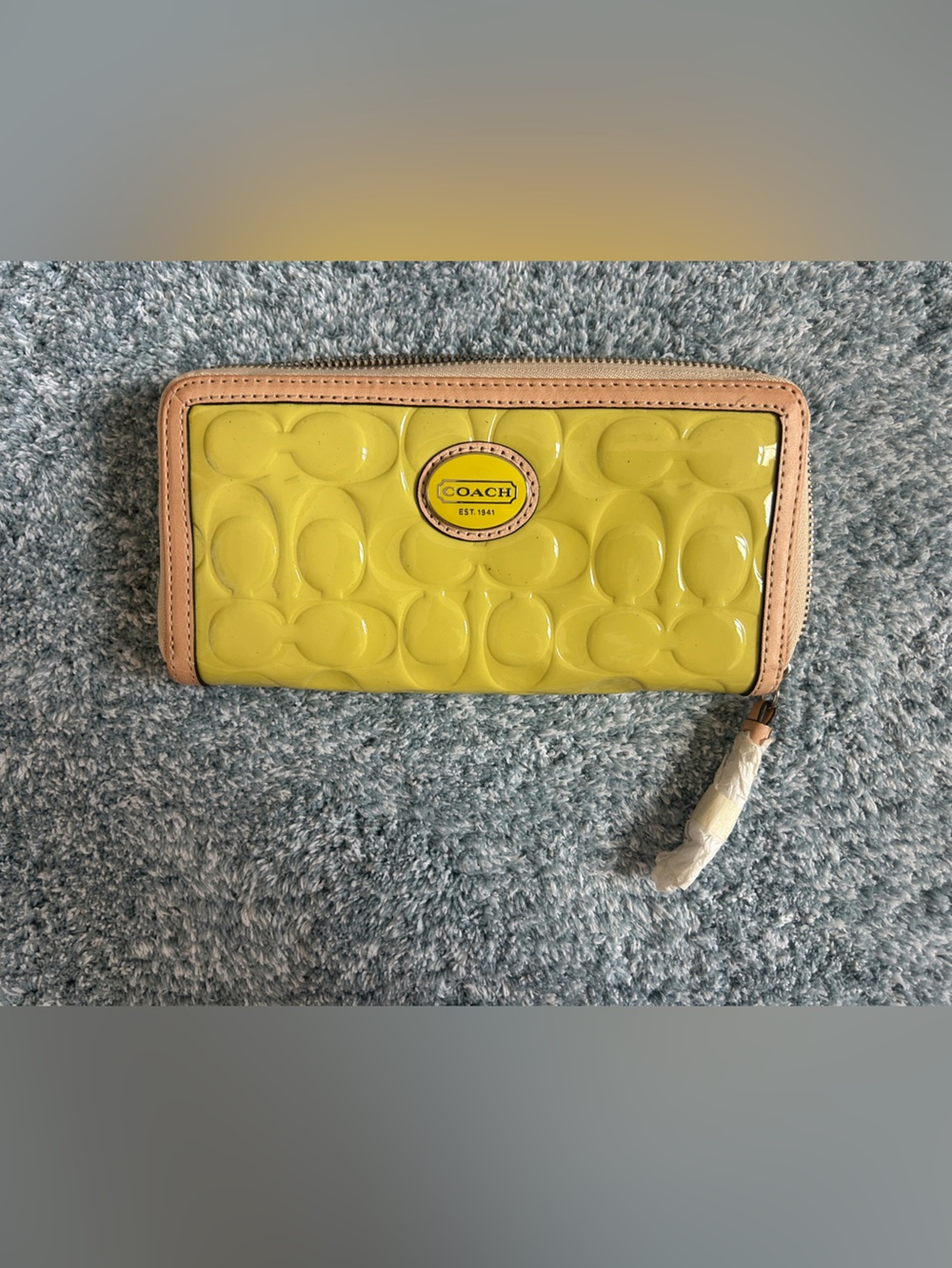Coach Yellow Patent Zip-Around Wallet with Tan Trim